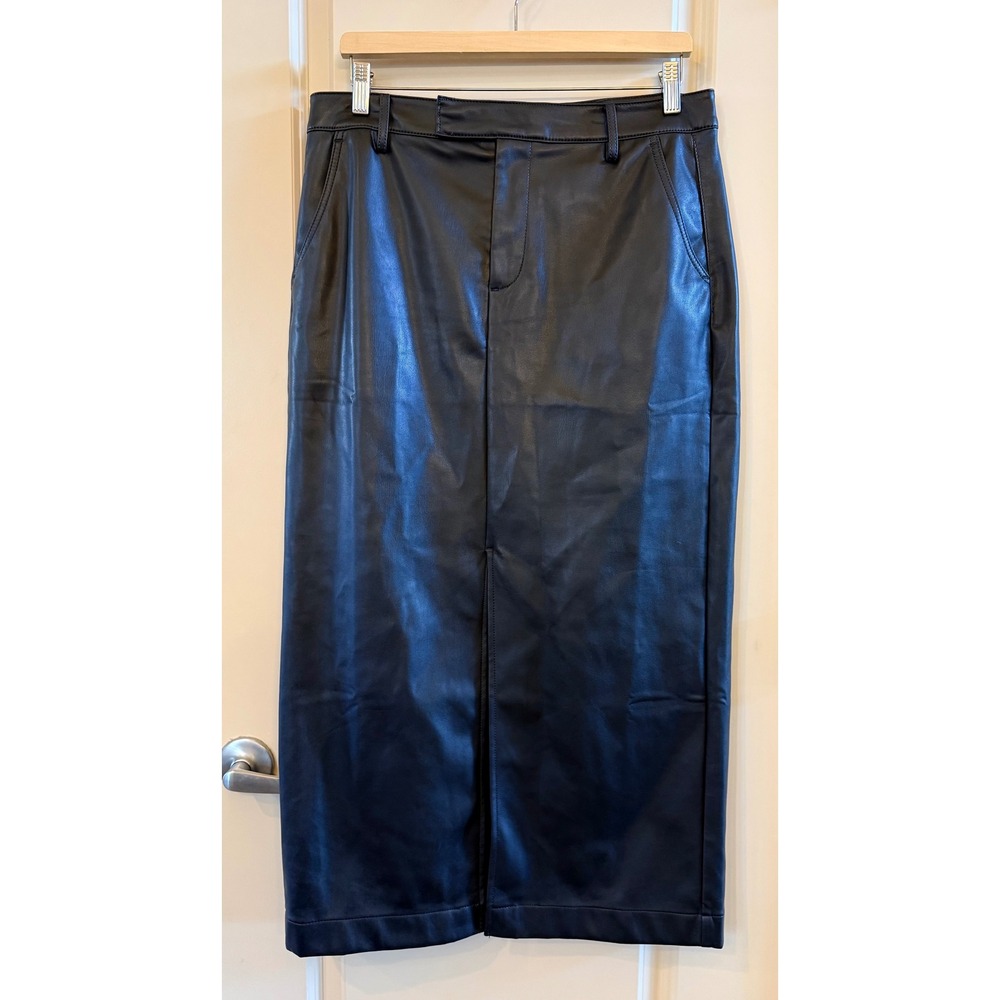 LOFT Black Faux Leather Midi Skirt Front Slit Pencil Straight High Waist Size 10
